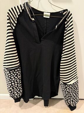 New Me Black Pullover with Black & White Striped & Floral Sleeves